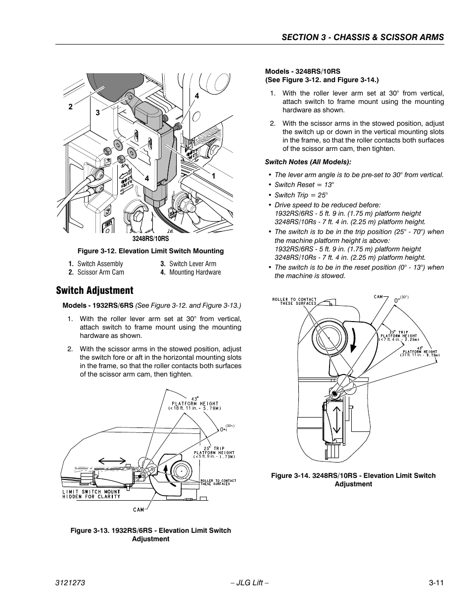 Switch adjustment, Switch adjustment -11, 1932rs/6rs - elevation limit switch adjustment -11 | JLG 3248RS/10RS Service Manual User Manual | Page 43 / 150