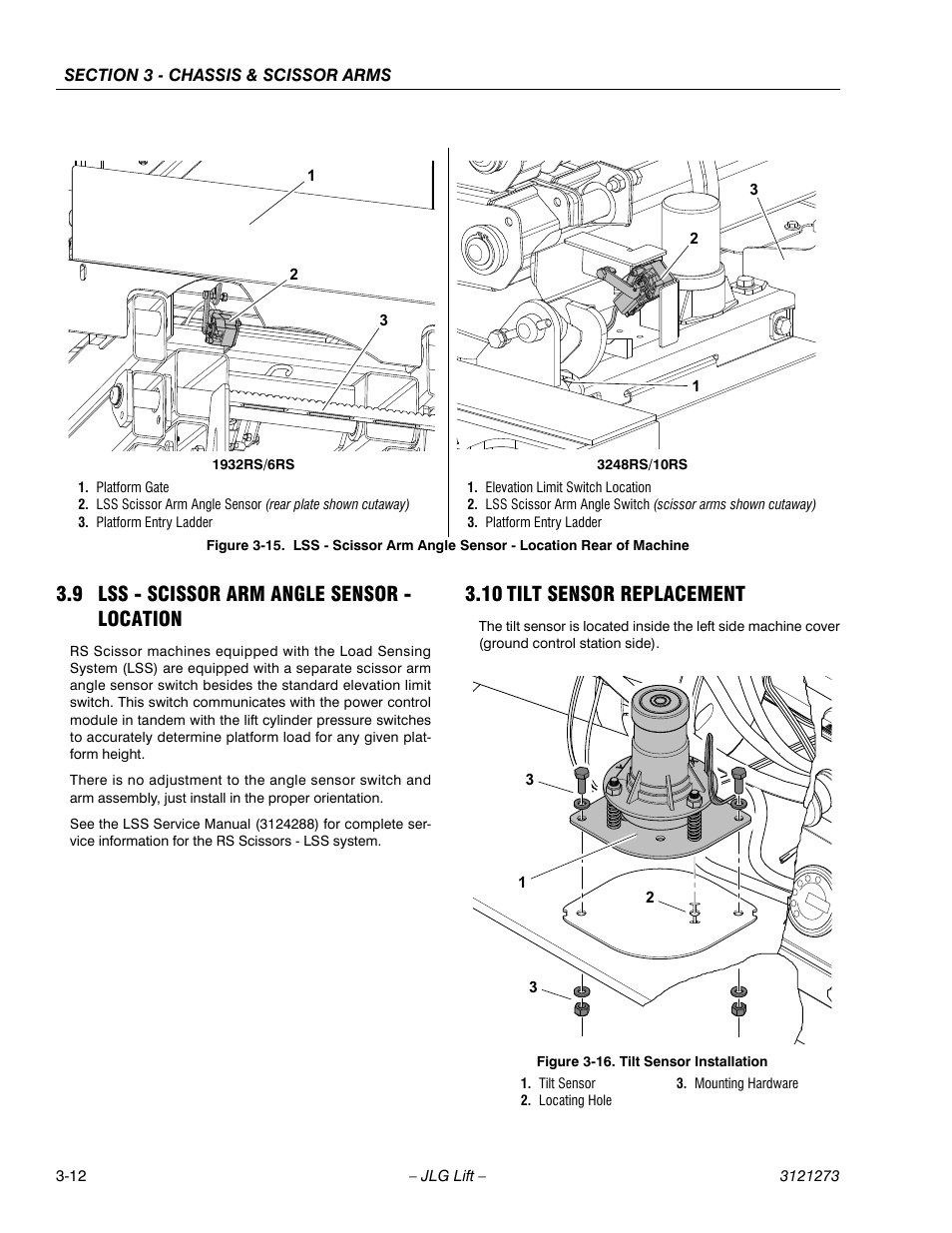 9 lss - scissor arm angle sensor - location, 10 tilt sensor replacement, Lss - scissor arm angle sensor - location -12 | Tilt sensor replacement -12, Tilt sensor installation -12 | JLG 3248RS/10RS Service Manual User Manual | Page 44 / 150