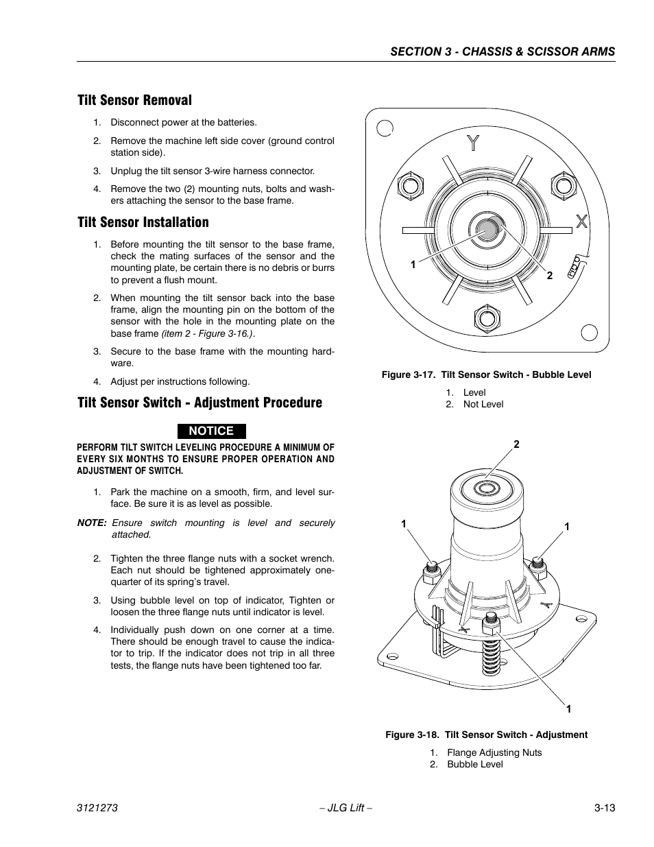 Tilt sensor removal, Tilt sensor installation, Tilt sensor switch - adjustment procedure | Tilt sensor switch - bubble level -13, Tilt sensor switch - adjustment -13 | JLG 3248RS/10RS Service Manual User Manual | Page 45 / 150