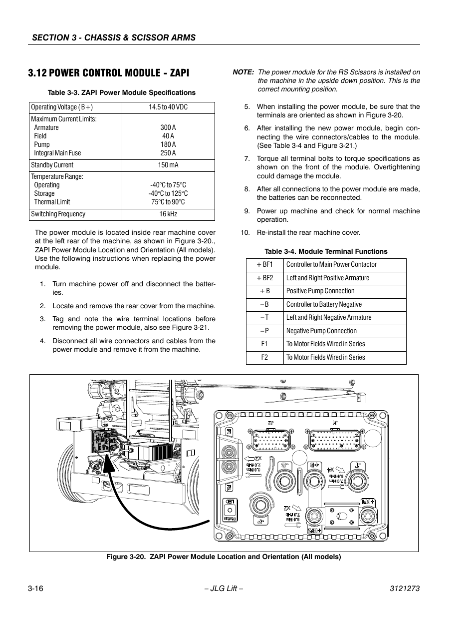 12 power control module - zapi, Power control module - zapi -16, Zapi power module specifications -16 | Module terminal functions -16 | JLG 3248RS/10RS Service Manual User Manual | Page 48 / 150