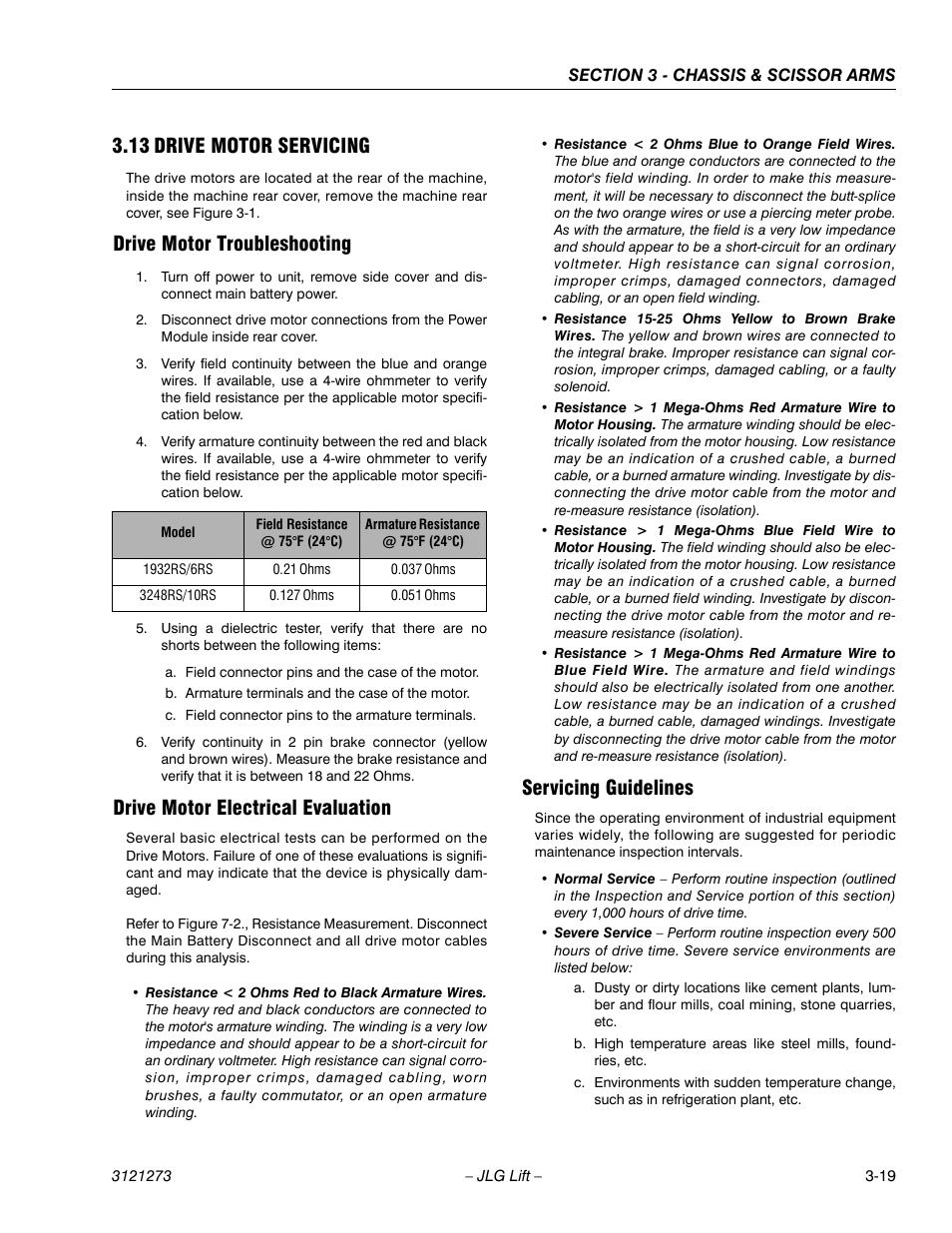 13 drive motor servicing, Drive motor troubleshooting, Drive motor electrical evaluation | Servicing guidelines, Drive motor servicing -19 | JLG 3248RS/10RS Service Manual User Manual | Page 51 / 150