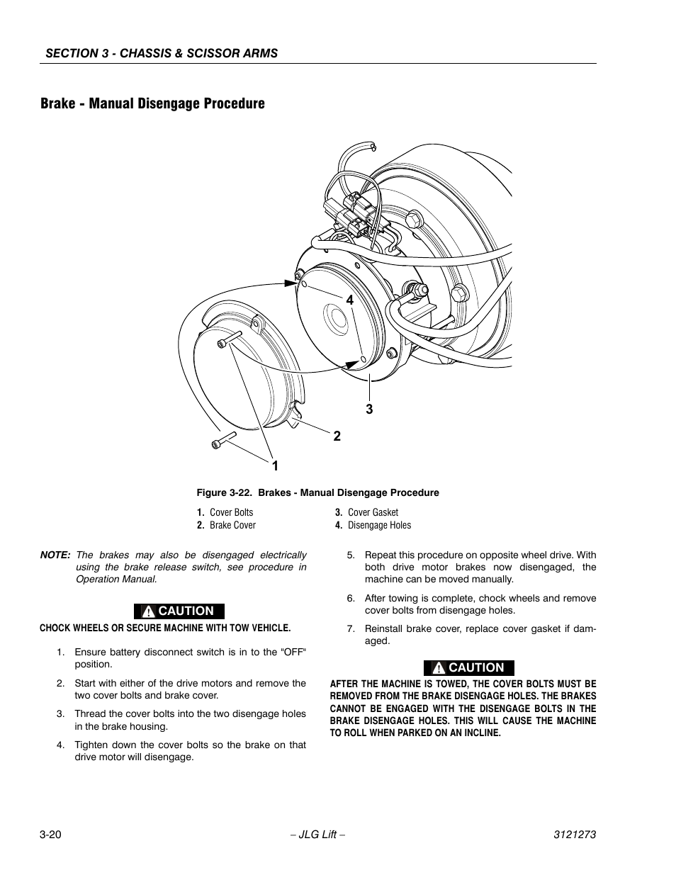 Brake - manual disengage procedure, Brake - manual disengage procedure -20, Brakes - manual disengage procedure -20 | JLG 3248RS/10RS Service Manual User Manual | Page 52 / 150
