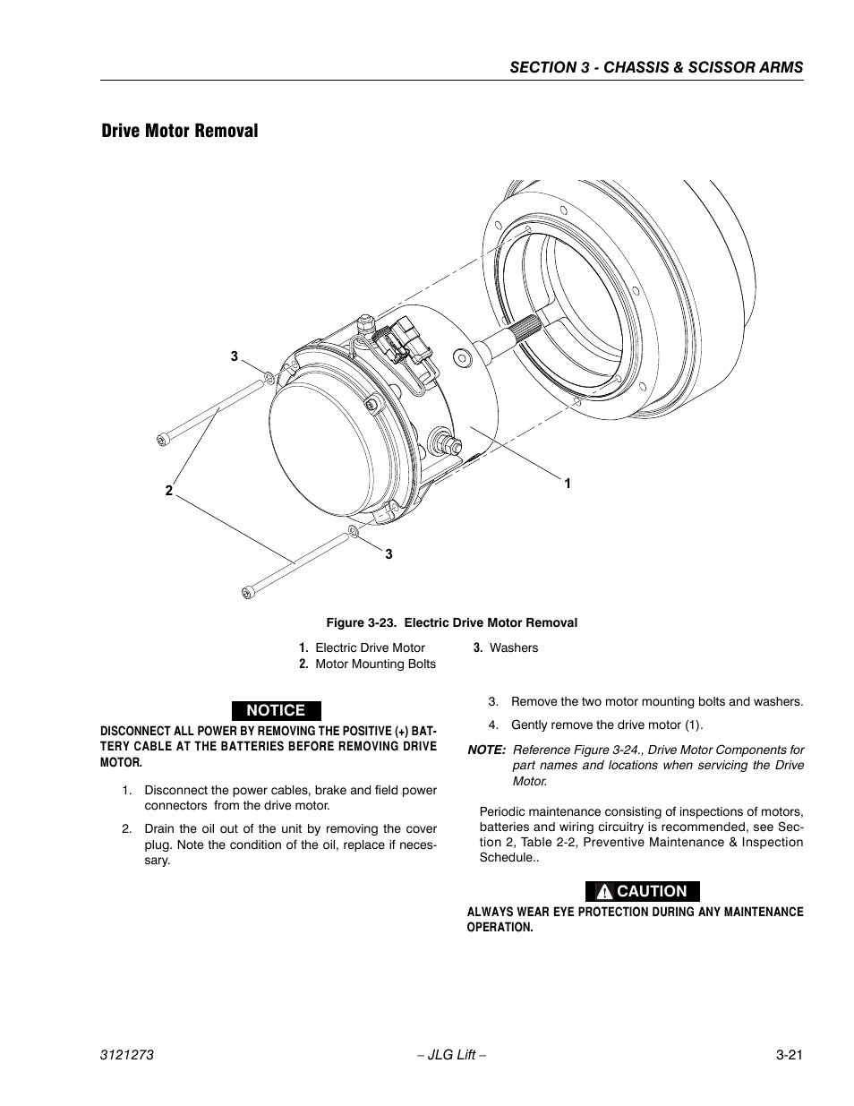 Drive motor removal, Drive motor removal -21, Electric drive motor removal -21 | JLG 3248RS/10RS Service Manual User Manual | Page 53 / 150