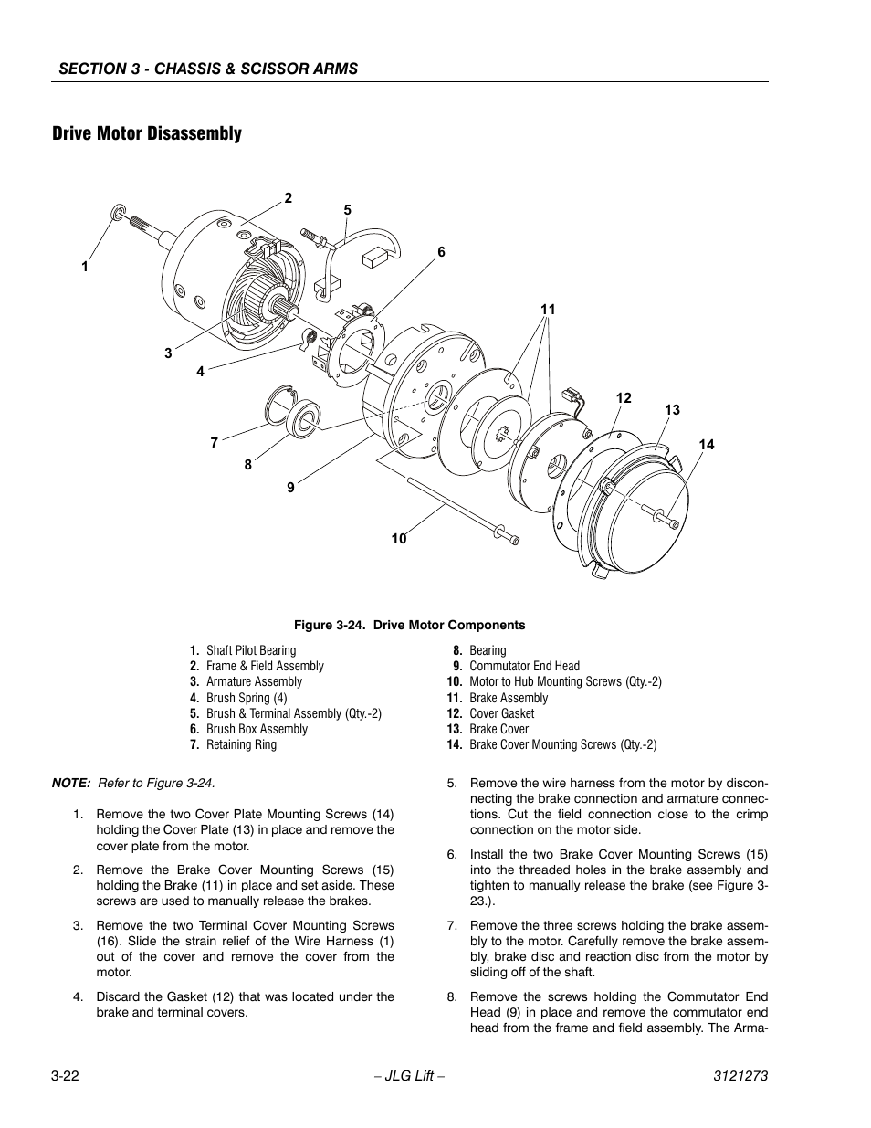 Drive motor disassembly, Drive motor disassembly -22, Drive motor components -22 | JLG 3248RS/10RS Service Manual User Manual | Page 54 / 150