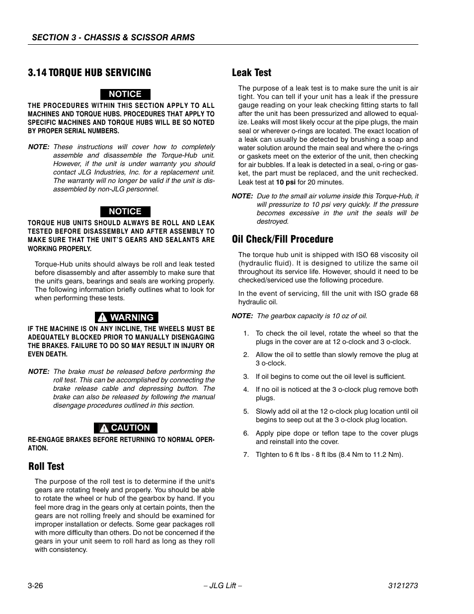 14 torque hub servicing, Roll test, Leak test | Oil check/fill procedure, Torque hub servicing -26 | JLG 3248RS/10RS Service Manual User Manual | Page 58 / 150