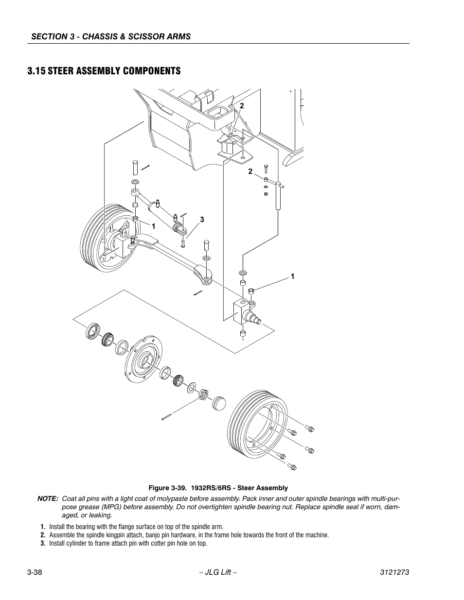 15 steer assembly components, Steer assembly components -38, 1932rs/6rs - steer assembly -38 | JLG 3248RS/10RS Service Manual User Manual | Page 70 / 150