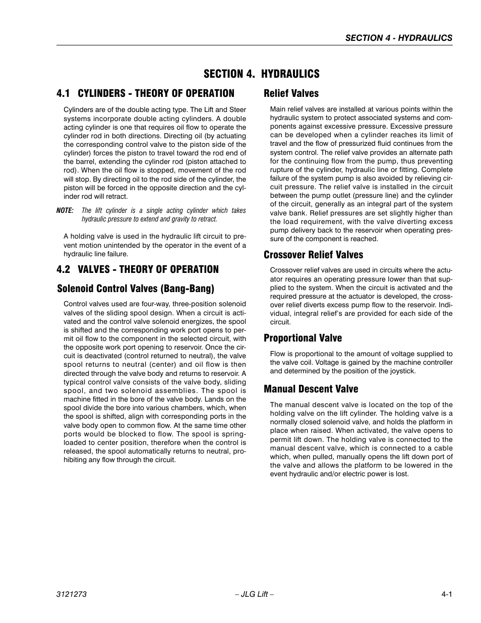 Section 4. hydraulics, 1 cylinders - theory of operation, 2 valves - theory of operation | Solenoid control valves (bang-bang), Relief valves, Crossover relief valves, Proportional valve, Manual descent valve, Section 4 - hydraulics, Cylinders - theory of operation -1 | JLG 3248RS/10RS Service Manual User Manual | Page 81 / 150