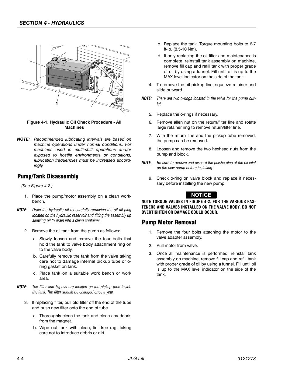 Pump/tank disassembly, Pump motor removal, Pump/tank disassembly -4 pump motor removal -4 | Hydraulic oil check procedure - all machines -4 | JLG 3248RS/10RS Service Manual User Manual | Page 84 / 150