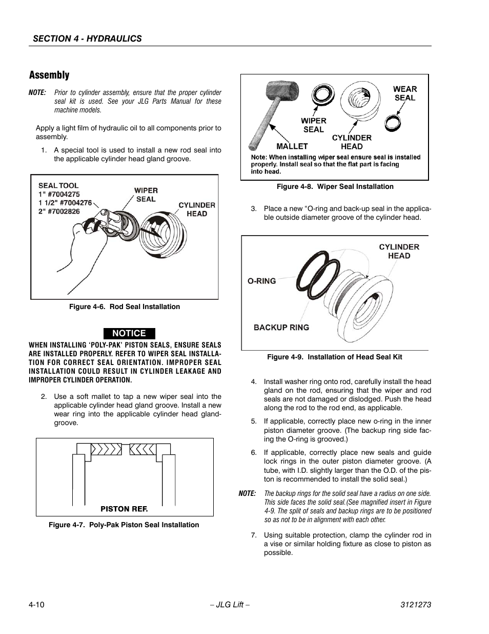 Assembly, Assembly -10, Rod seal installation -10 | Poly-pak piston seal installation -10, Wiper seal installation -10, Installation of head seal kit -10 | JLG 3248RS/10RS Service Manual User Manual | Page 90 / 150