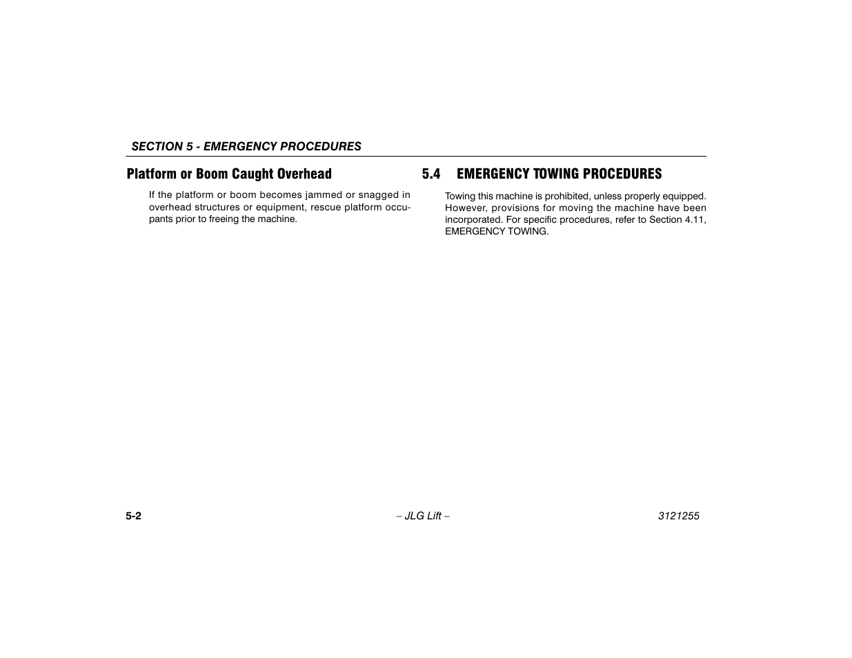 Platform or boom caught overhead, 4 emergency towing procedures, Platform or boom caught overhead -2 | Emergency towing procedures -2 | JLG 1100SJP Operator Manual User Manual | Page 100 / 130