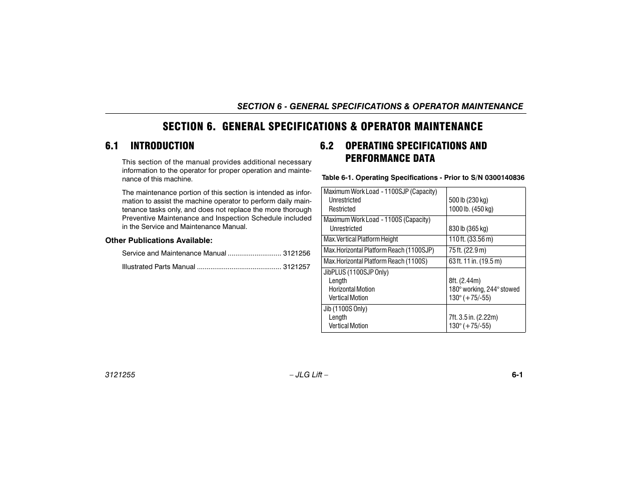 1 introduction, 2 operating specifications and performance data, Introduction -1 | Operating specifications and performance, Data -1 | JLG 1100SJP Operator Manual User Manual | Page 101 / 130