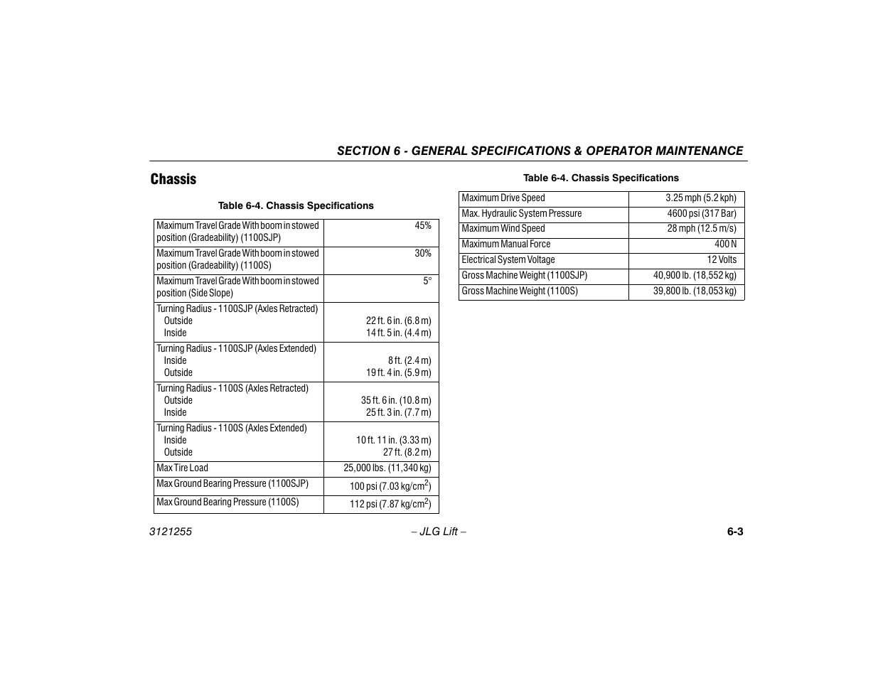 Chassis, Chassis -3, Chassis specifications -3 | JLG 1100SJP Operator Manual User Manual | Page 103 / 130