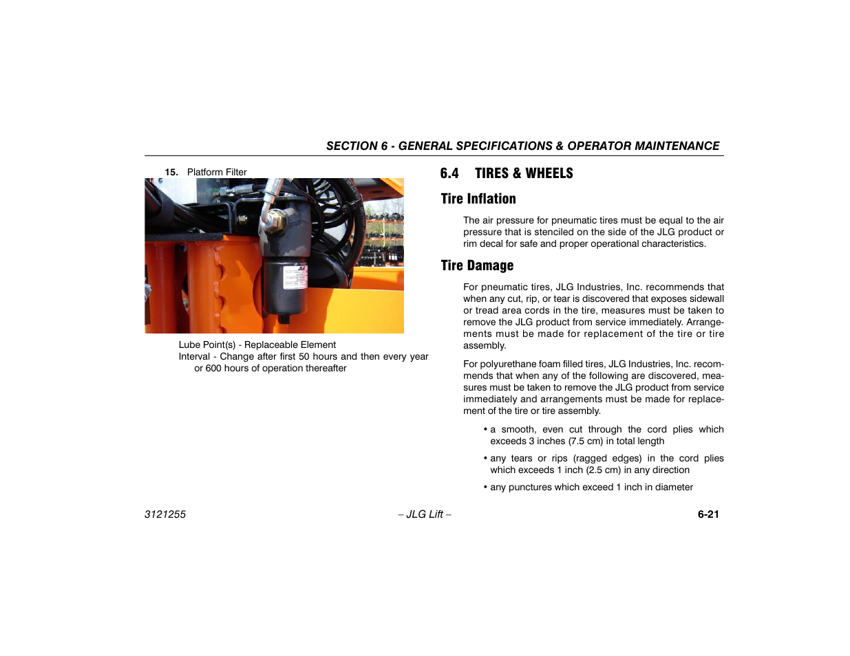 4 tires & wheels, Tire inflation, Tire damage | Tires & wheels -21, Tire inflation -21 tire damage -21, 4 tires & wheels tire inflation | JLG 1100SJP Operator Manual User Manual | Page 121 / 130