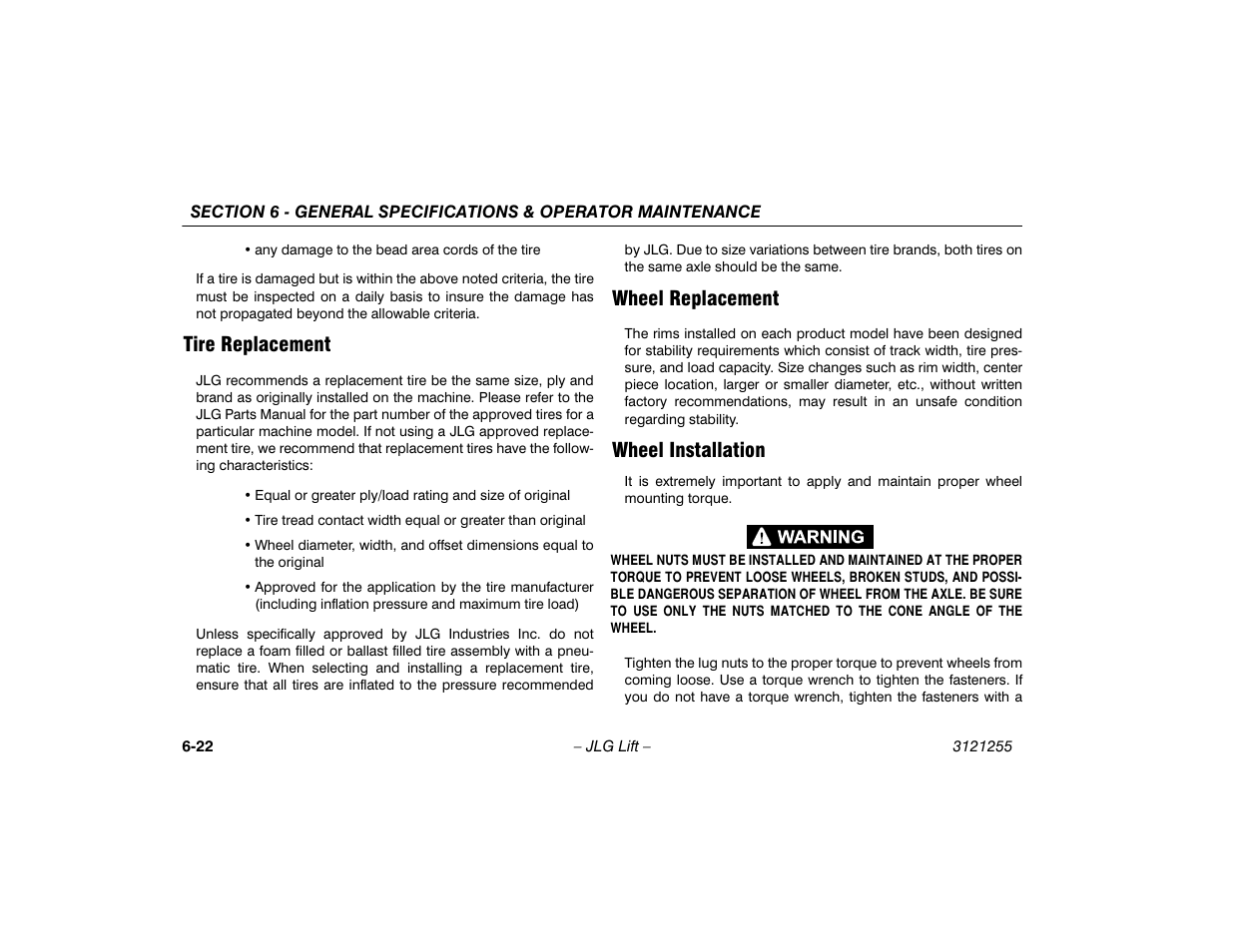 Tire replacement, Wheel replacement, Wheel installation | JLG 1100SJP Operator Manual User Manual | Page 122 / 130