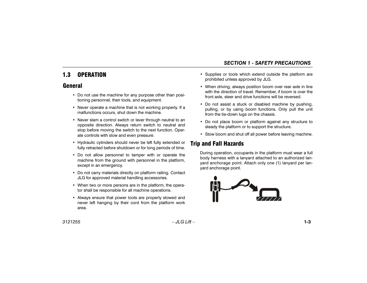 3 operation, General, Trip and fall hazards | Operation -3, General -3 trip and fall hazards -3, 3 operation general | JLG 1100SJP Operator Manual User Manual | Page 13 / 130
