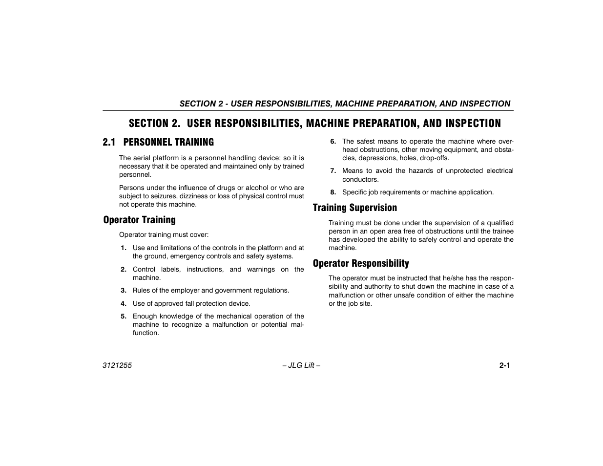 1 personnel training, Operator training, Training supervision | Operator responsibility, Personnel training -1 | JLG 1100SJP Operator Manual User Manual | Page 21 / 130