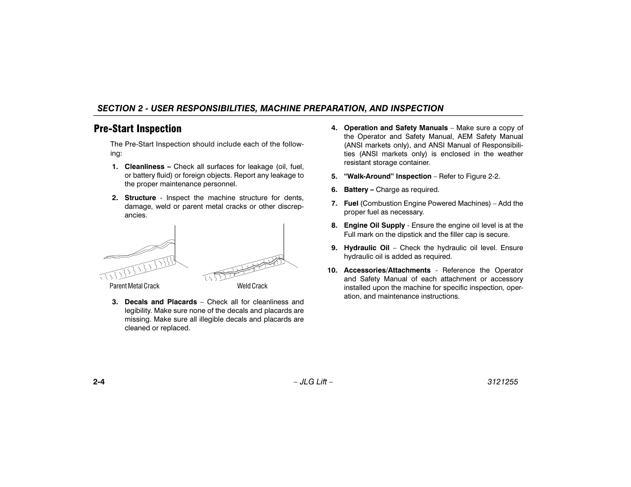 Pre-start inspection, Pre-start inspection -4 | JLG 1100SJP Operator Manual User Manual | Page 24 / 130