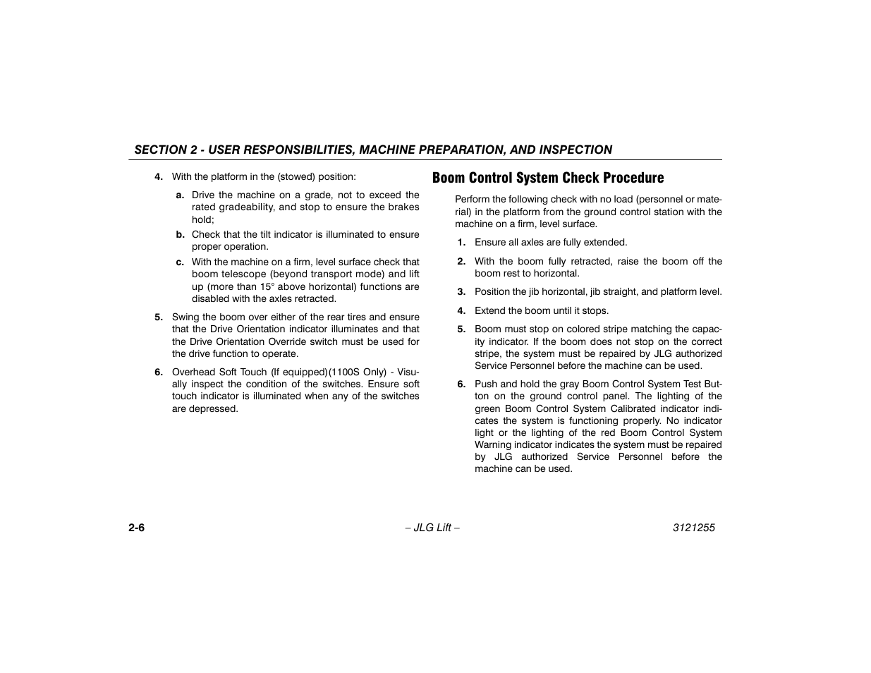 Boom control system check procedure, Boom control system check procedure -6 | JLG 1100SJP Operator Manual User Manual | Page 26 / 130