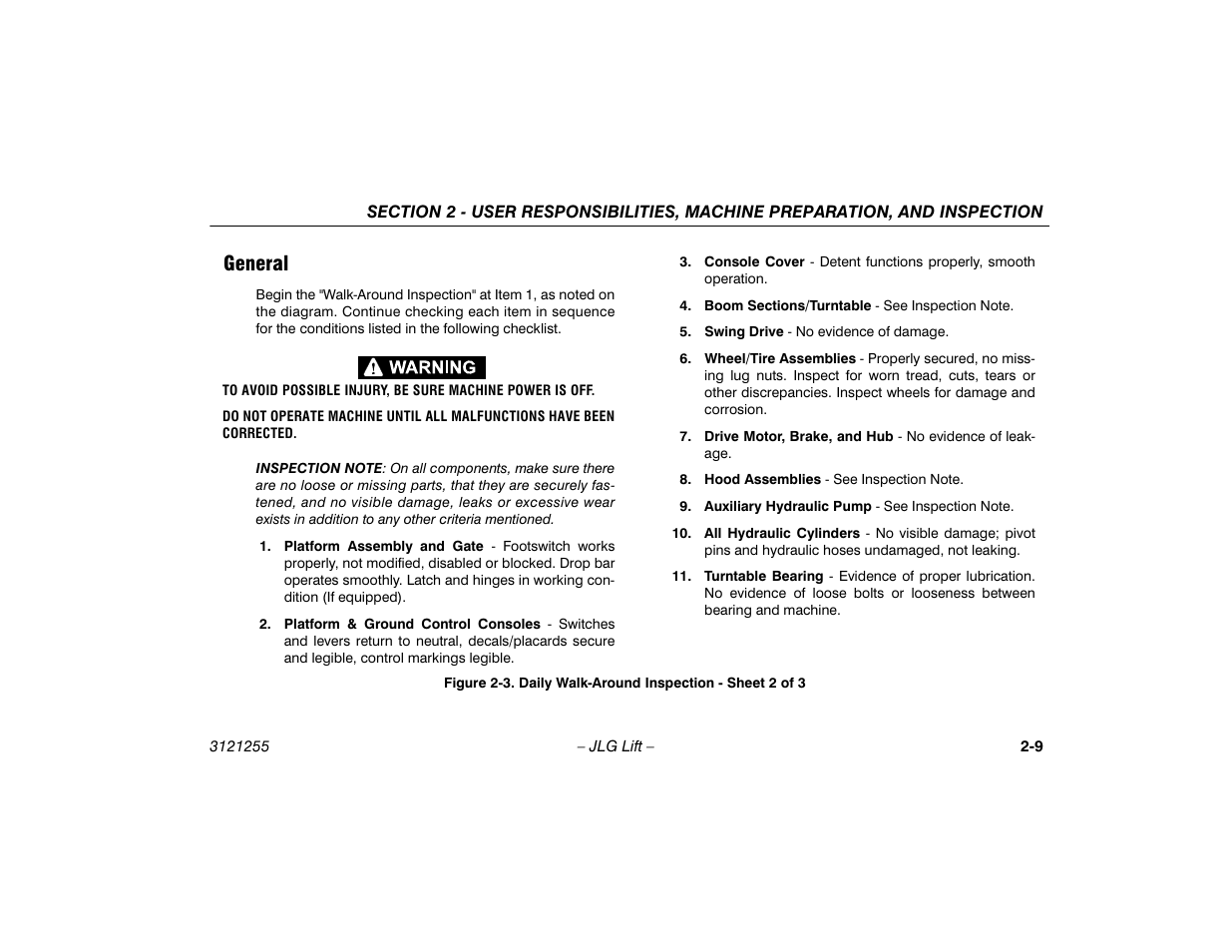 General -9, Daily walk-around inspection - sheet 2 of 3 -9, General | JLG 1100SJP Operator Manual User Manual | Page 29 / 130