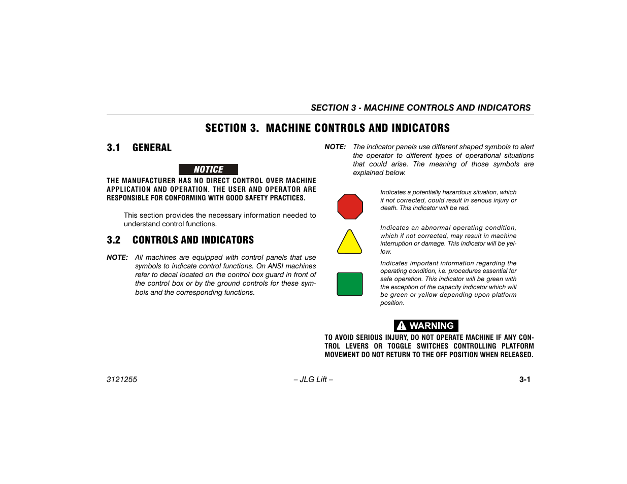 Section 3. machine controls and indicators, 1 general, 2 controls and indicators | Section - 3 - machine controls and indicators, General -1, Controls and indicators -1 | JLG 1100SJP Operator Manual User Manual | Page 33 / 130