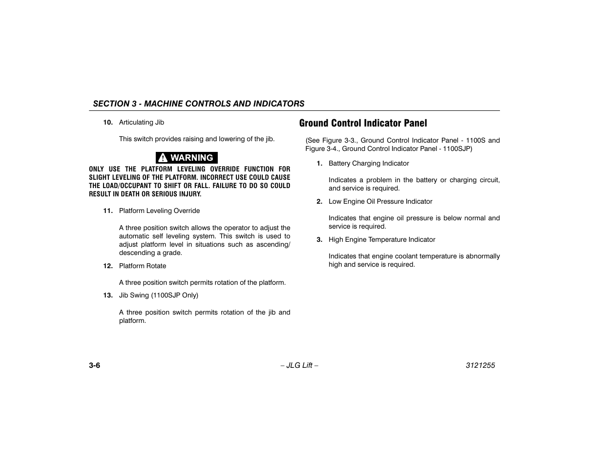 Ground control indicator panel, Ground control indicator panel -6 | JLG 1100SJP Operator Manual User Manual | Page 38 / 130