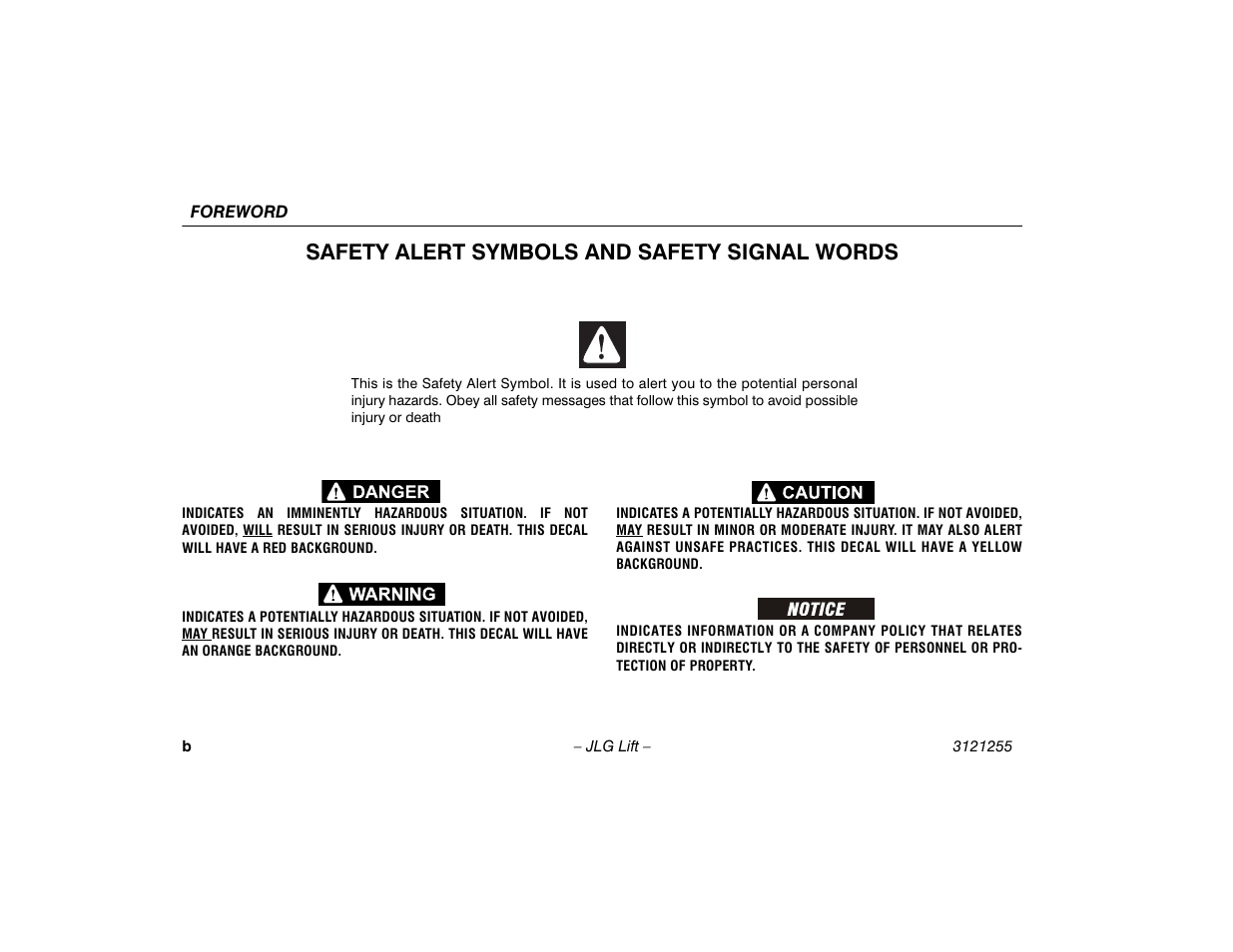 Safety alert symbols and safety signal words | JLG 1100SJP Operator Manual User Manual | Page 4 / 130