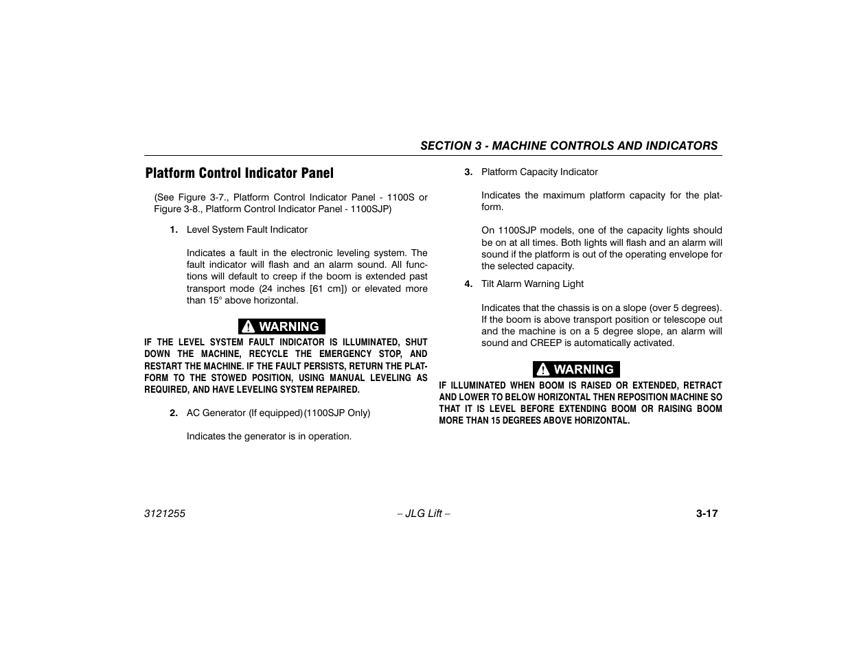 Platform control indicator panel, Platform control indicator panel -17 | JLG 1100SJP Operator Manual User Manual | Page 49 / 130