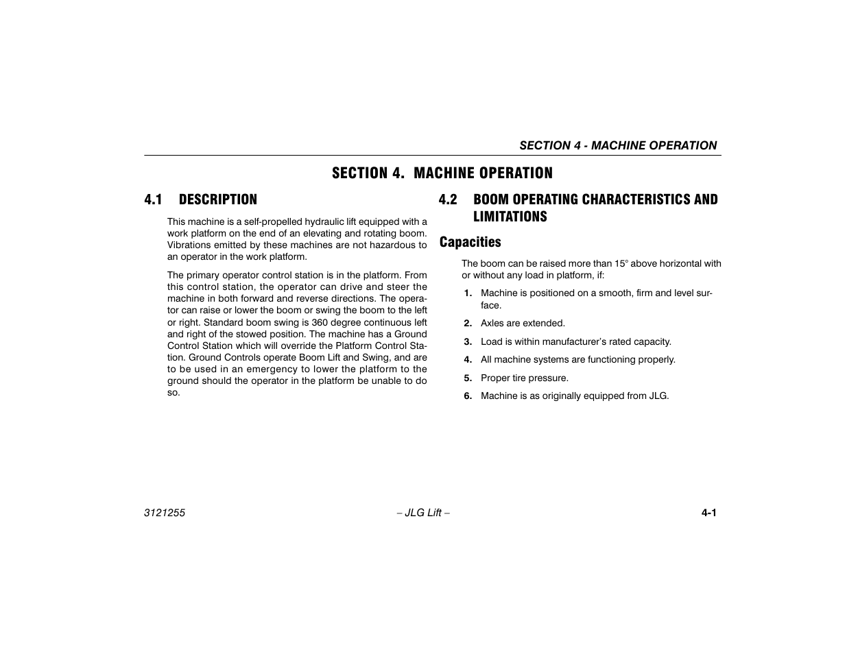 Section 4. machine operation, 1 description, 2 boom operating characteristics and limitations | Capacities, Section - 4 - machine operation, Description -1, Boom operating characteristics and, Limitations -1, Capacities -1 | JLG 1100SJP Operator Manual User Manual | Page 55 / 130