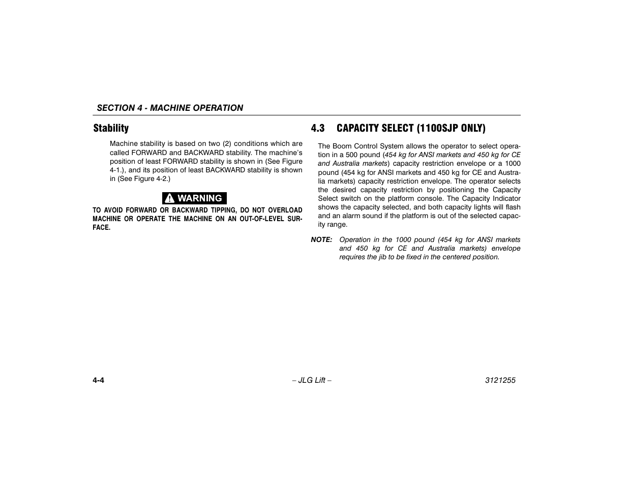 Stability, 3 capacity select (1100sjp only), Stability -4 | Capacity select (1100sjp only) -4 | JLG 1100SJP Operator Manual User Manual | Page 58 / 130