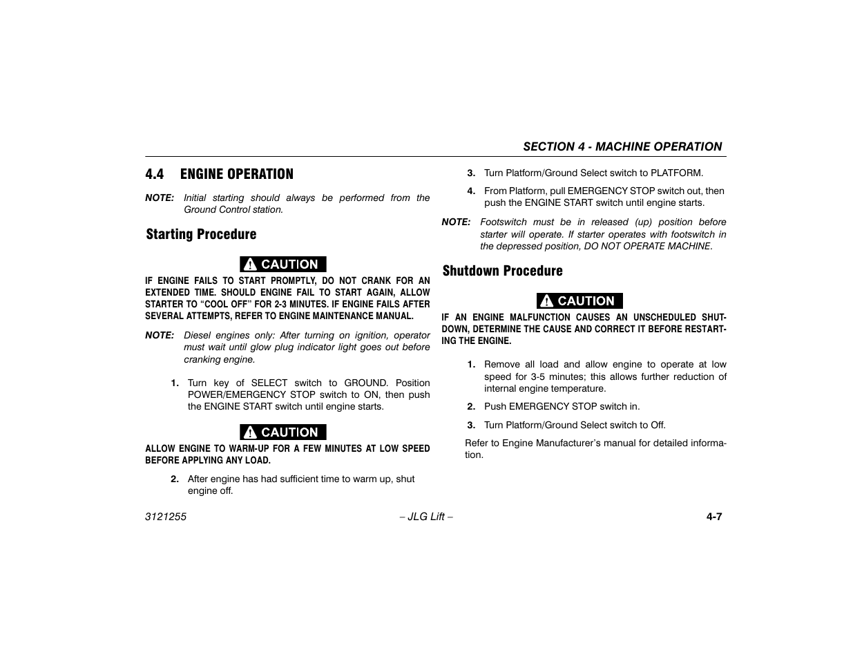 4 engine operation, Starting procedure, Shutdown procedure | Engine operation -7, Starting procedure -7 shutdown procedure -7 | JLG 1100SJP Operator Manual User Manual | Page 61 / 130