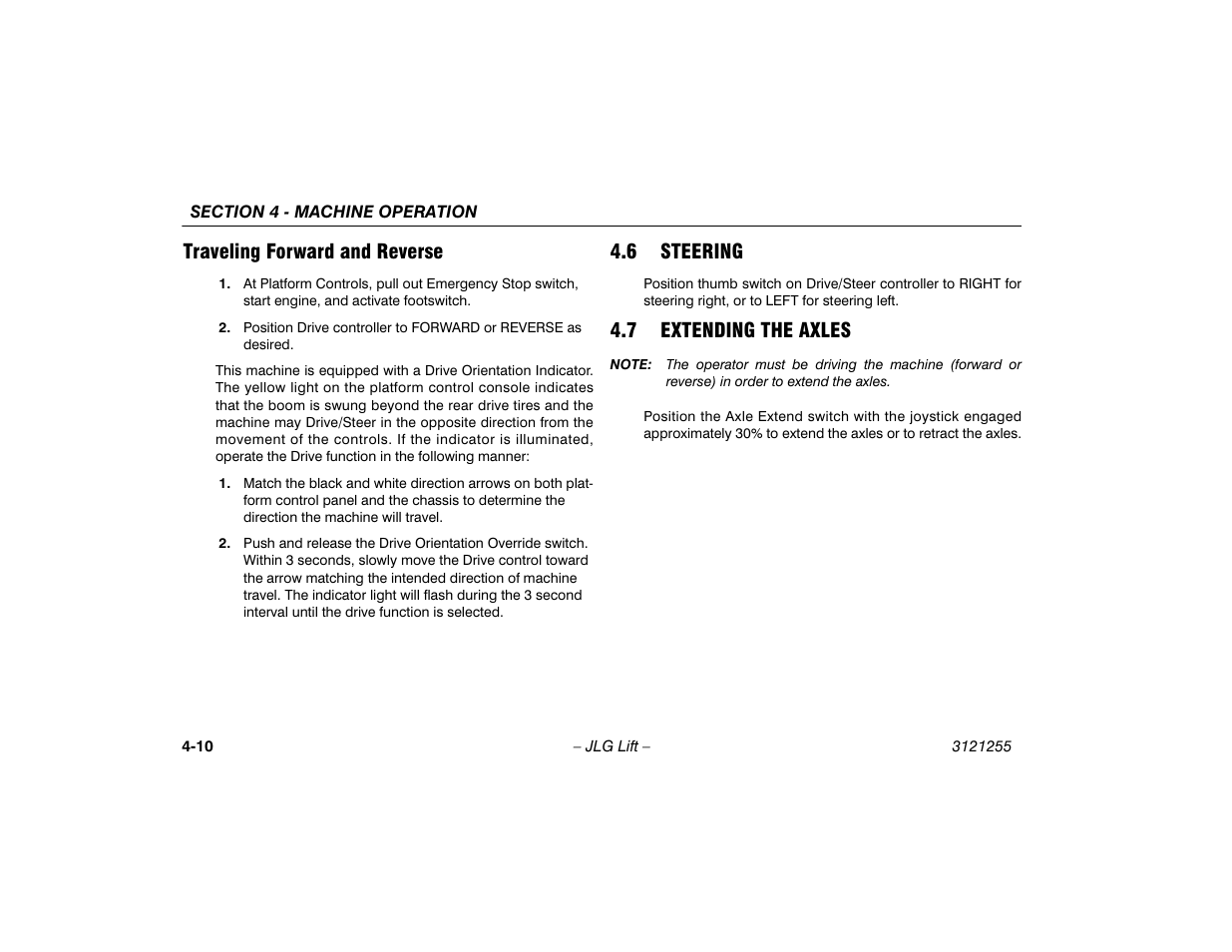 Traveling forward and reverse, 6 steering, 7 extending the axles | Traveling forward and reverse -10, Steering -10, Extending the axles -10 | JLG 1100SJP Operator Manual User Manual | Page 64 / 130