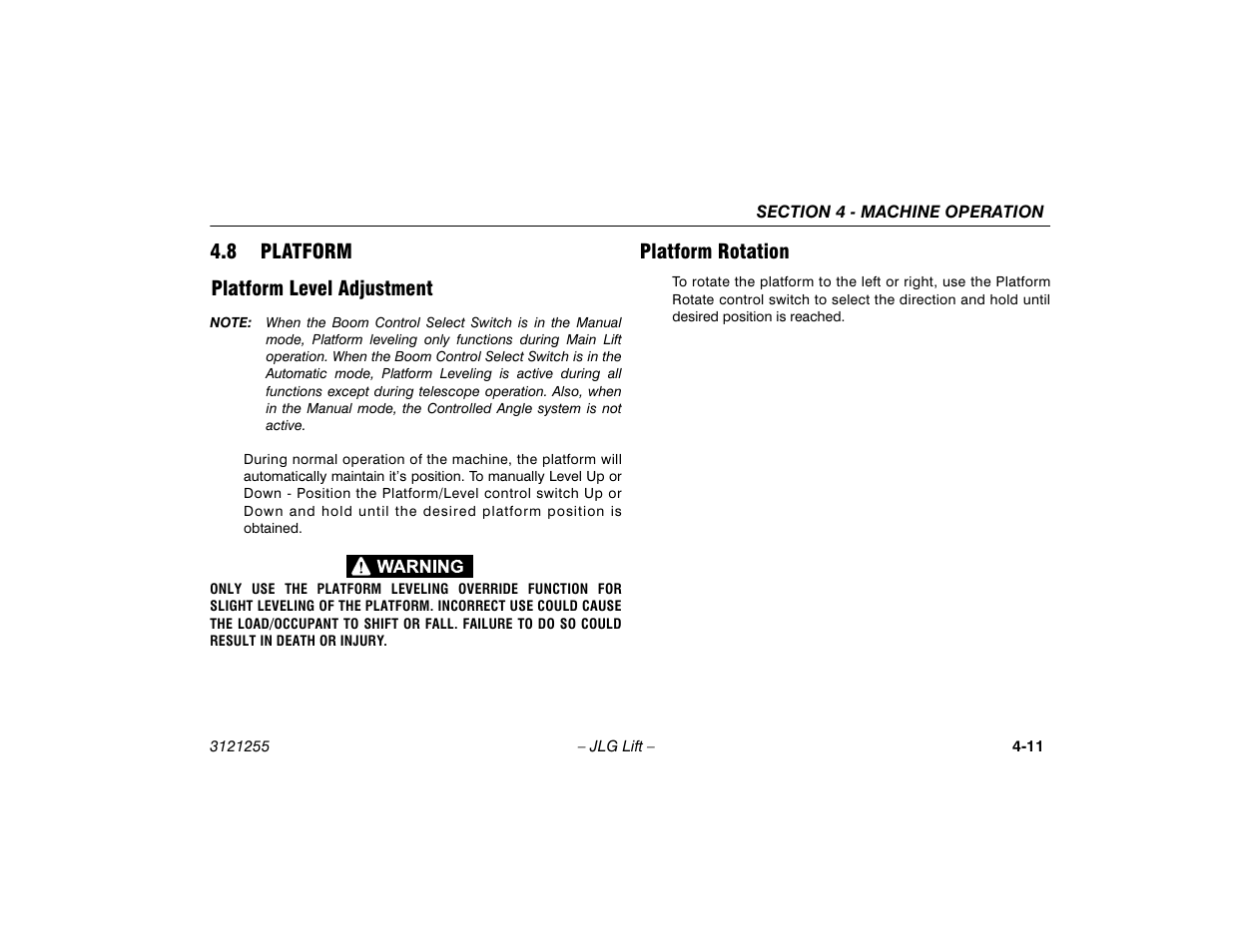 8 platform, Platform level adjustment, Platform rotation | Platform -11 | JLG 1100SJP Operator Manual User Manual | Page 65 / 130