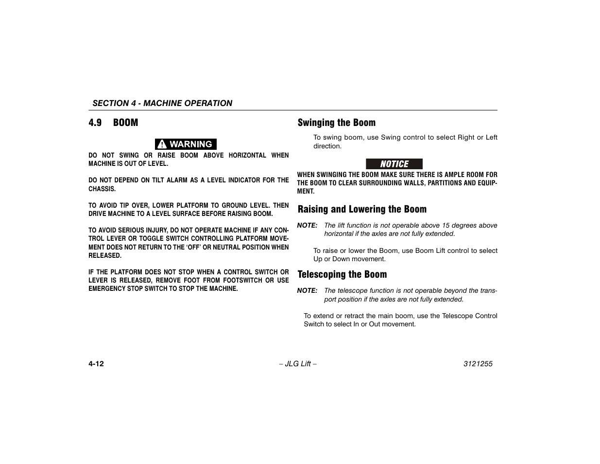 9 boom, Swinging the boom, Raising and lowering the boom | Telescoping the boom, Boom -12 | JLG 1100SJP Operator Manual User Manual | Page 66 / 130