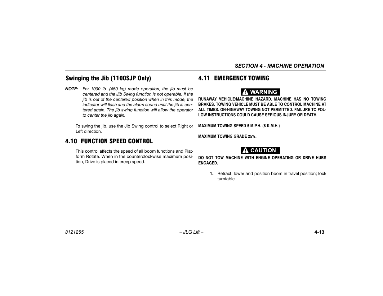 Swinging the jib (1100sjp only), 10 function speed control, 11 emergency towing | Swinging the jib (1100sjp only) -13 | JLG 1100SJP Operator Manual User Manual | Page 67 / 130