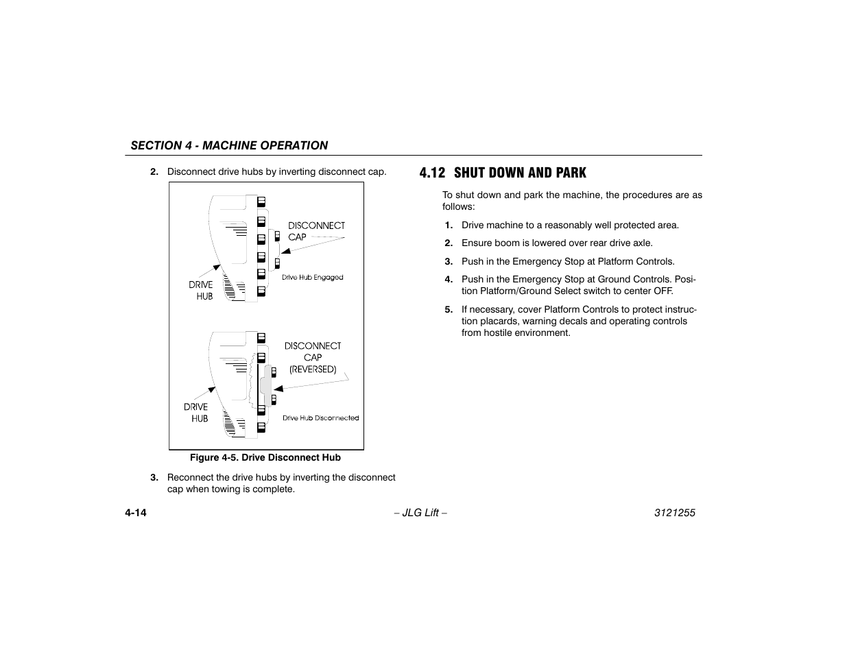 12 shut down and park, 12 shut down and park -14, Drive disconnect hub -14 | JLG 1100SJP Operator Manual User Manual | Page 68 / 130