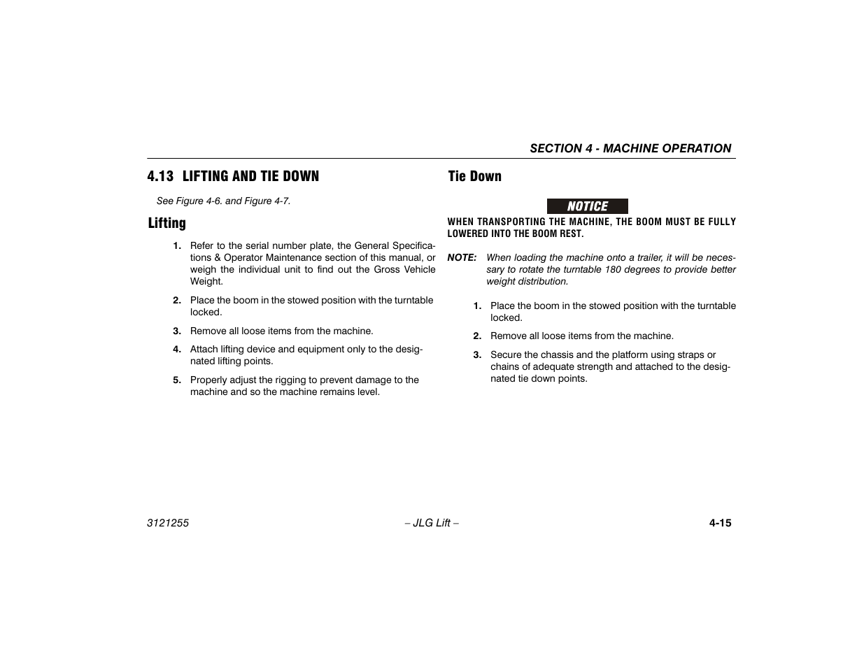 13 lifting and tie down, Lifting, Tie down | 13 lifting and tie down -15, Lifting -15 tie down -15 | JLG 1100SJP Operator Manual User Manual | Page 69 / 130