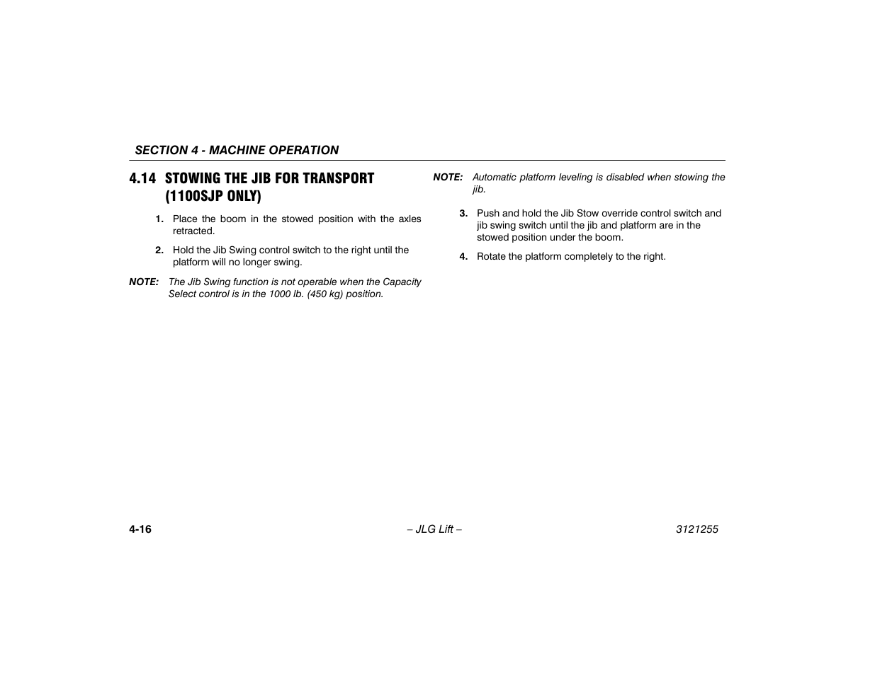 14 stowing the jib for transport (1100sjp only), 14 stowing the jib for transport (1100sjp, Only) -16 | JLG 1100SJP Operator Manual User Manual | Page 70 / 130