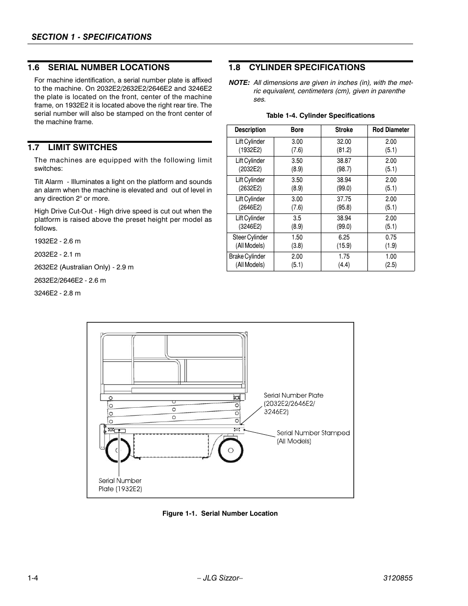 6 serial number locations, 7 limit switches, 8 cylinder specifications | Serial number locations -4, Limit switches -4, Cylinder specifications -4, Serial number location -4 | JLG 3246E2 Service Manual User Manual | Page 10 / 80