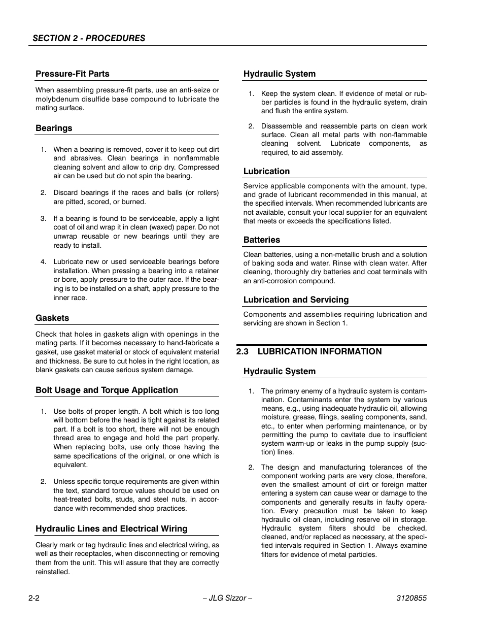 Pressure-fit parts, Bearings, Gaskets | Bolt usage and torque application, Hydraulic lines and electrical wiring, Hydraulic system, Lubrication, Batteries, Lubrication and servicing, 3 lubrication information | JLG 3246E2 Service Manual User Manual | Page 14 / 80