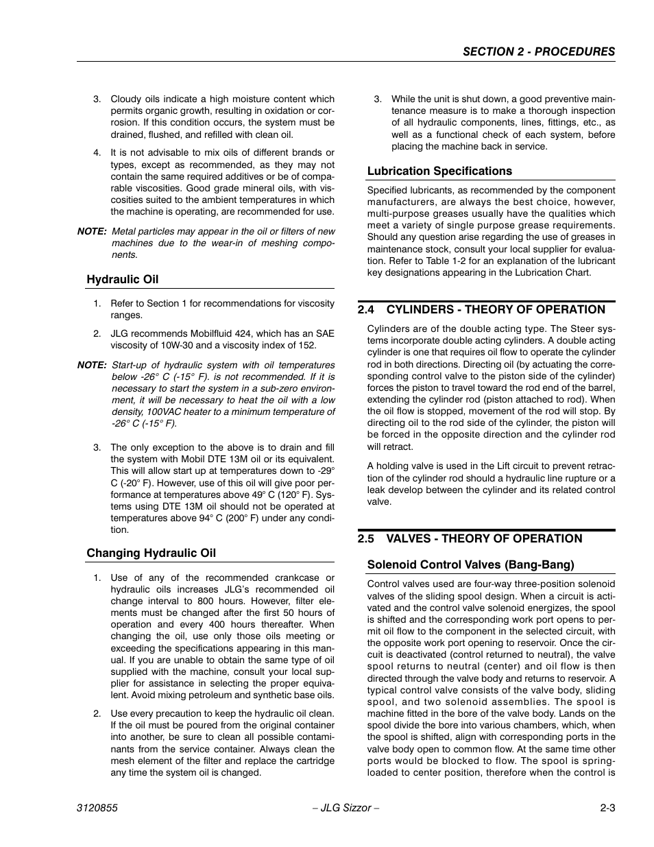 Hydraulic oil, Changing hydraulic oil, Lubrication specifications | 4 cylinders - theory of operation, 5 valves - theory of operation, Solenoid control valves (bang-bang), Cylinders - theory of operation -3, Valves - theory of operation -3 | JLG 3246E2 Service Manual User Manual | Page 15 / 80