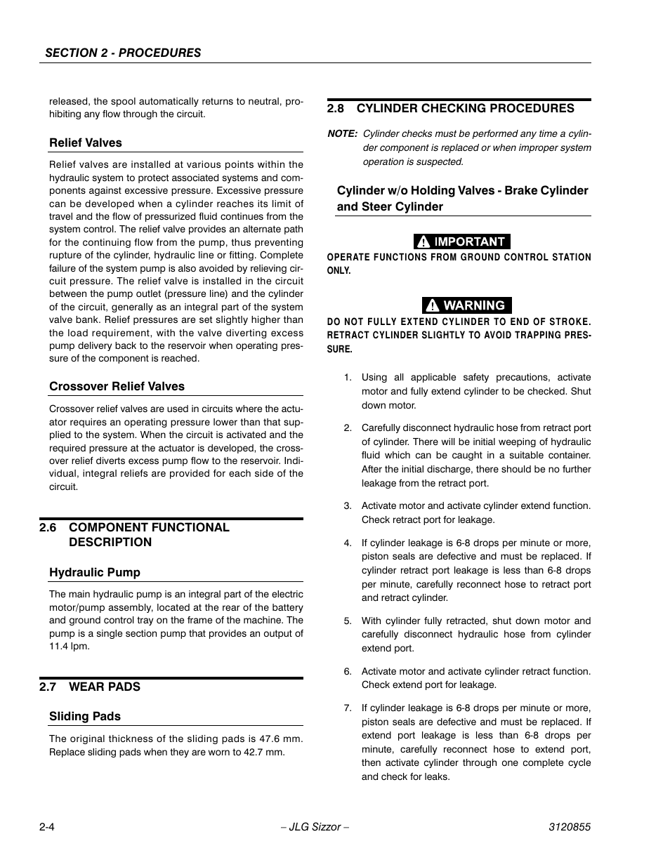 Relief valves, Crossover relief valves, 6 component functional description | Hydraulic pump, 7 wear pads, Sliding pads, 8 cylinder checking procedures, Component functional description -4, Wear pads -4, Cylinder checking procedures -4 | JLG 3246E2 Service Manual User Manual | Page 16 / 80