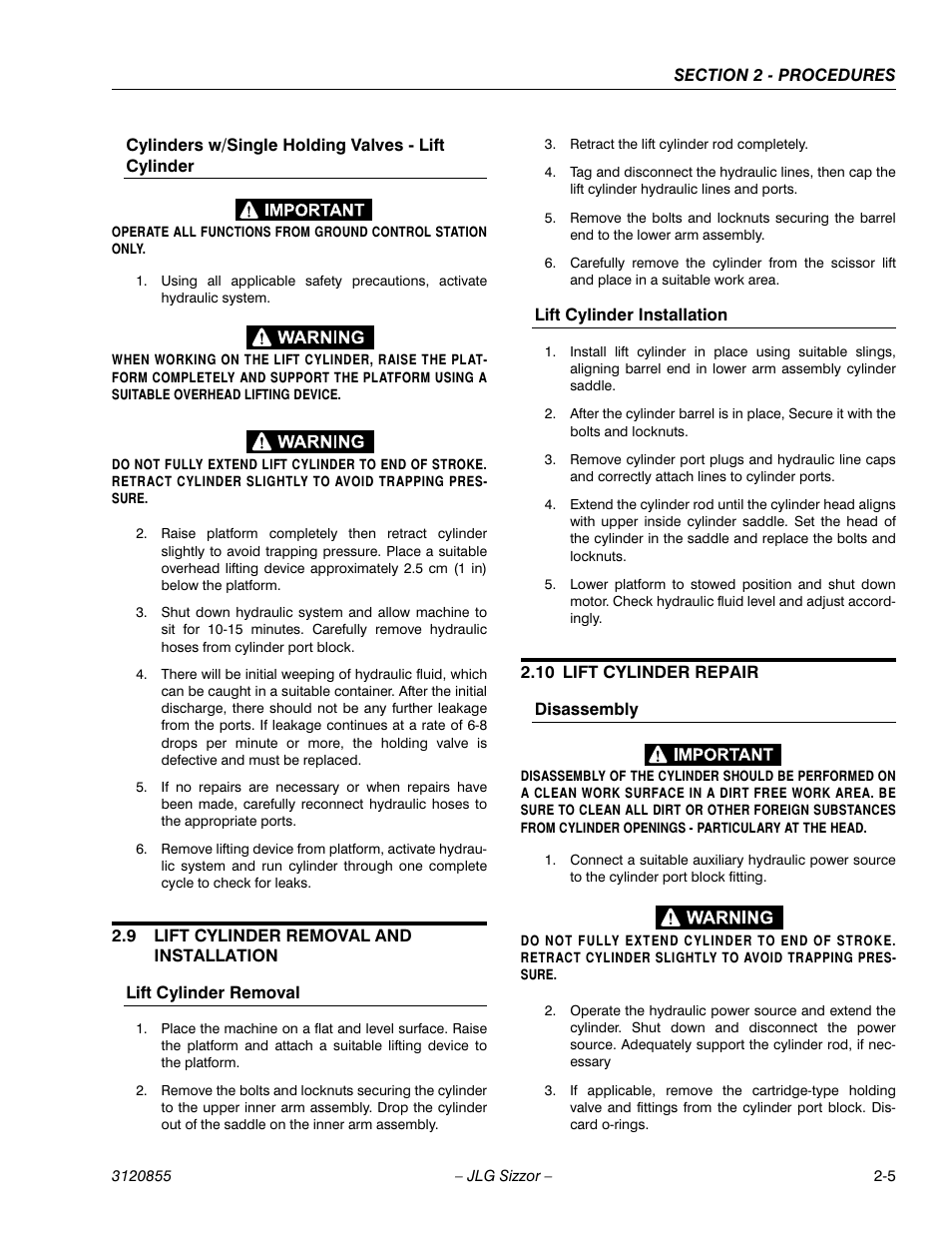 Cylinders w/single holding valves - lift cylinder, 9 lift cylinder removal and installation, Lift cylinder removal | Lift cylinder installation, 10 lift cylinder repair, Disassembly, Lift cylinder removal and installation -5, Lift cylinder repair -5 | JLG 3246E2 Service Manual User Manual | Page 17 / 80