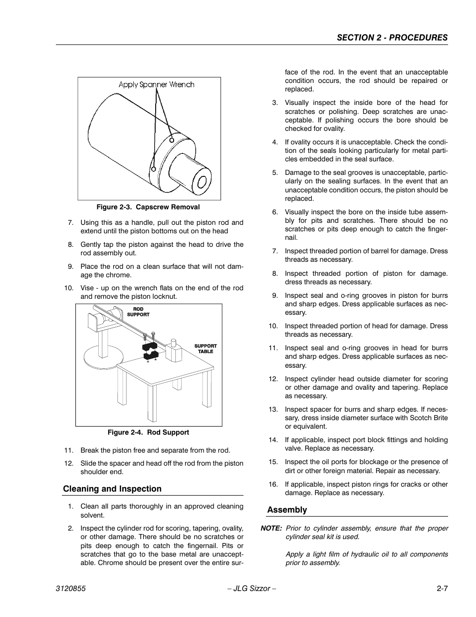 Cleaning and inspection, Assembly, Capscrew removal -7 | Rod support -7 | JLG 3246E2 Service Manual User Manual | Page 19 / 80