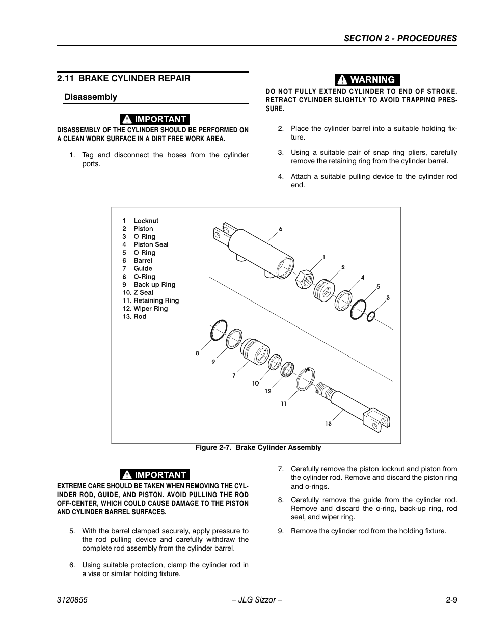 11 brake cylinder repair, Disassembly, Brake cylinder assembly -9 | JLG 3246E2 Service Manual User Manual | Page 21 / 80