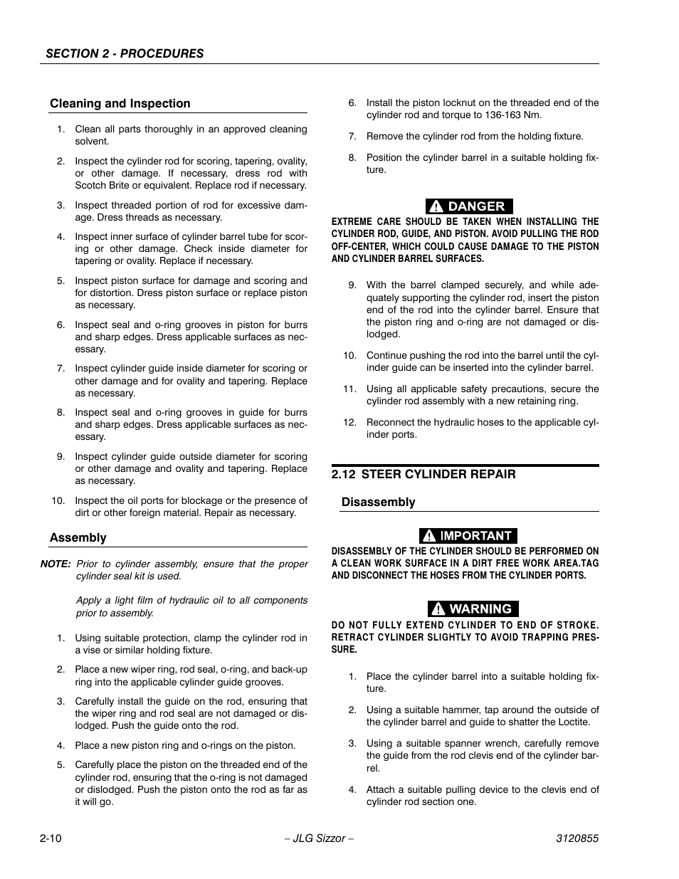 Cleaning and inspection, Assembly, 12 steer cylinder repair | Disassembly, Steer cylinder repair -10 | JLG 3246E2 Service Manual User Manual | Page 22 / 80