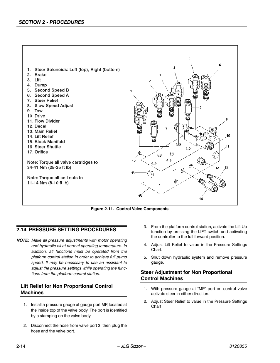 14 pressure setting procedures, Lift relief for non proportional control machines, Pressure setting procedures -14 | Control valve components -14 | JLG 3246E2 Service Manual User Manual | Page 26 / 80
