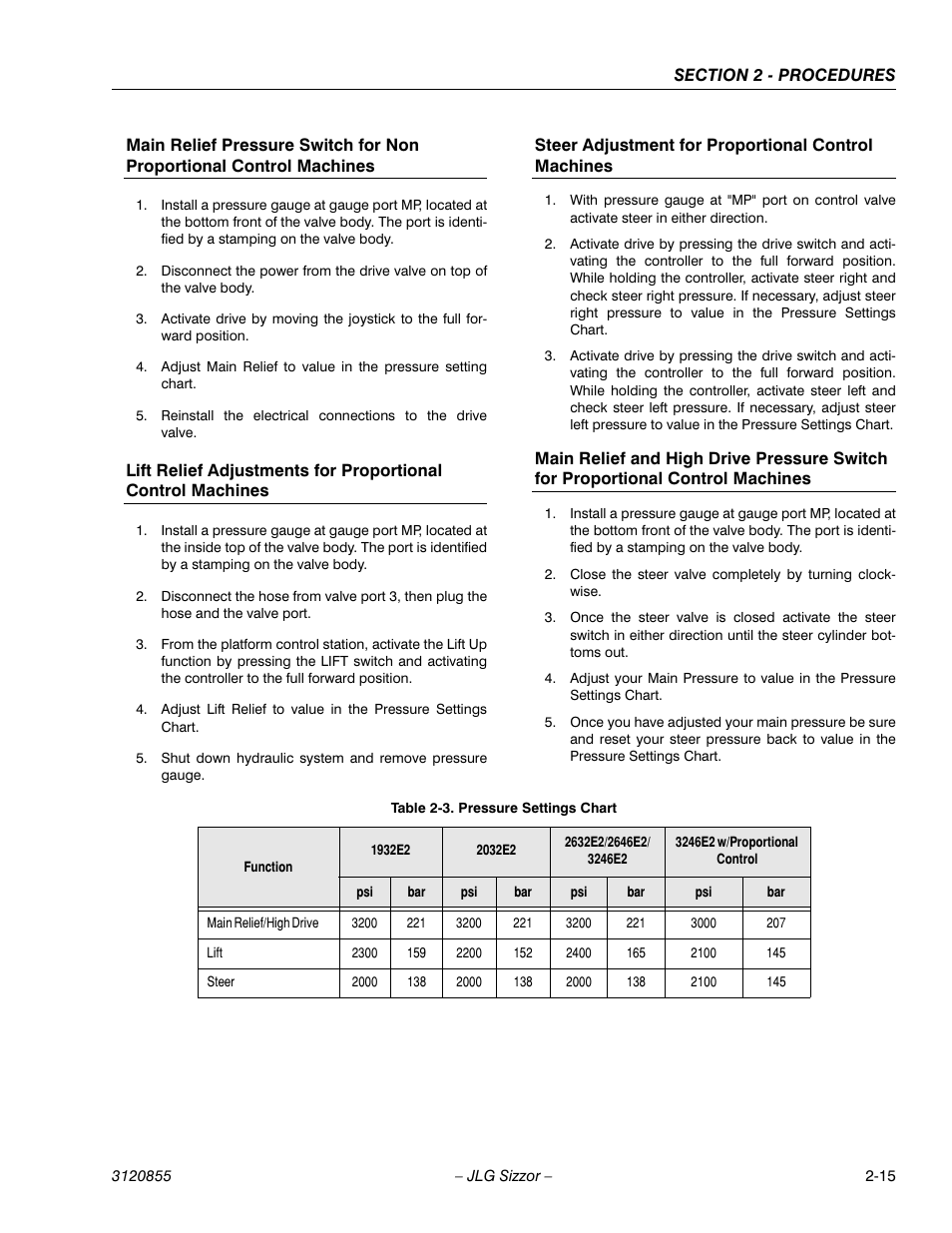 Steer adjustment for proportional control machines, Pressure settings chart -15 | JLG 3246E2 Service Manual User Manual | Page 27 / 80
