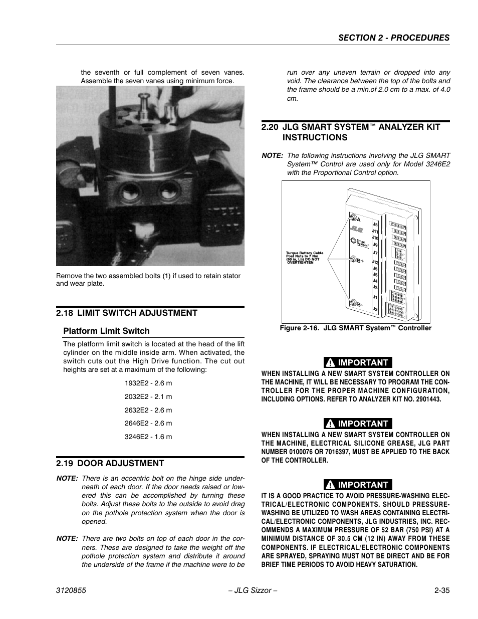 18 limit switch adjustment, Platform limit switch, 19 door adjustment | 20 jlg smart system™ analyzer kit instructions, Limit switch adjustment -18, Door adjustment -18, Jlg smart system™ analyzer kit instructions -18, Jlg smart system™ controller -18 | JLG 3246E2 Service Manual User Manual | Page 47 / 80