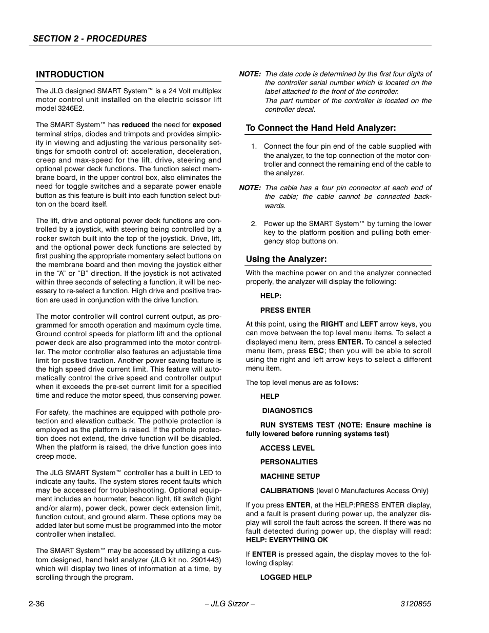 Introduction, To connect the hand held analyzer, Using the analyzer | JLG 3246E2 Service Manual User Manual | Page 48 / 80