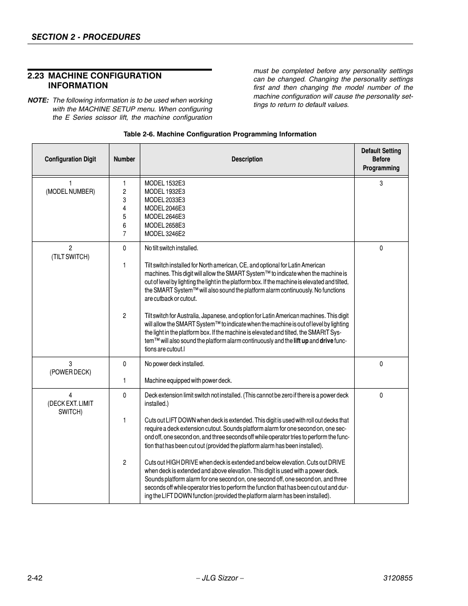 23 machine configuration information, Machine configuration information -24, Machine configuration programming information -24 | JLG 3246E2 Service Manual User Manual | Page 54 / 80